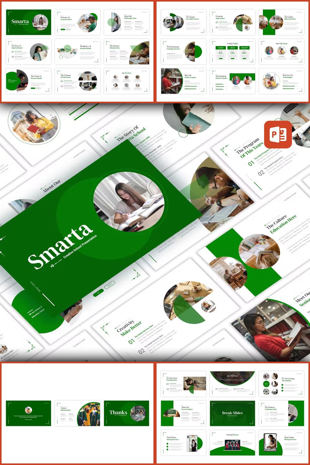 Set of images of amazing presentation template slides in green and white colors.