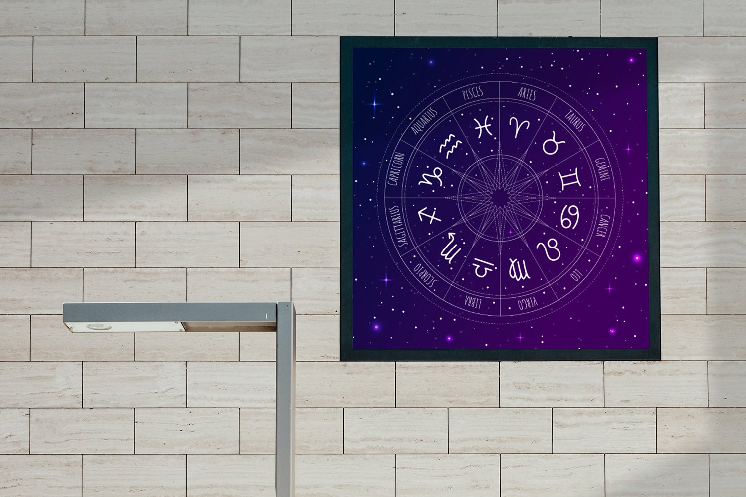 Bright purple poster with the zodiac wheel.