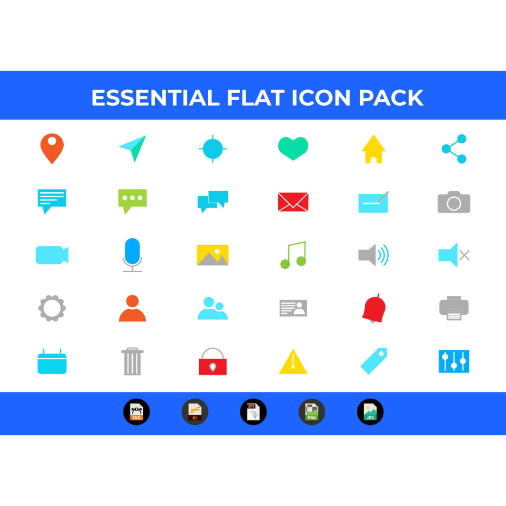 30 Flat Essential Icon Pack Vector Illustrations - MasterBundles