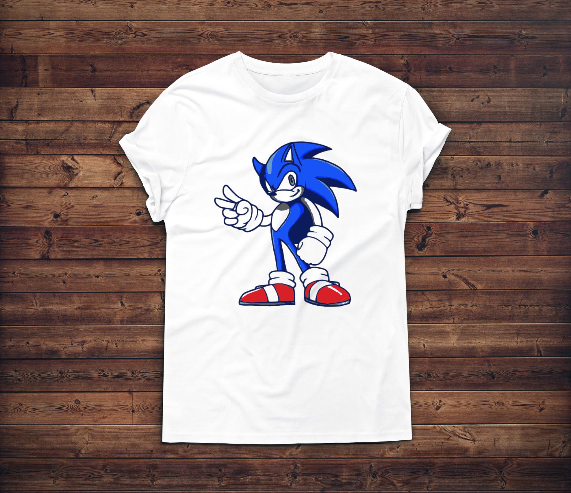 Thin blue Sonic on the t-shirt.