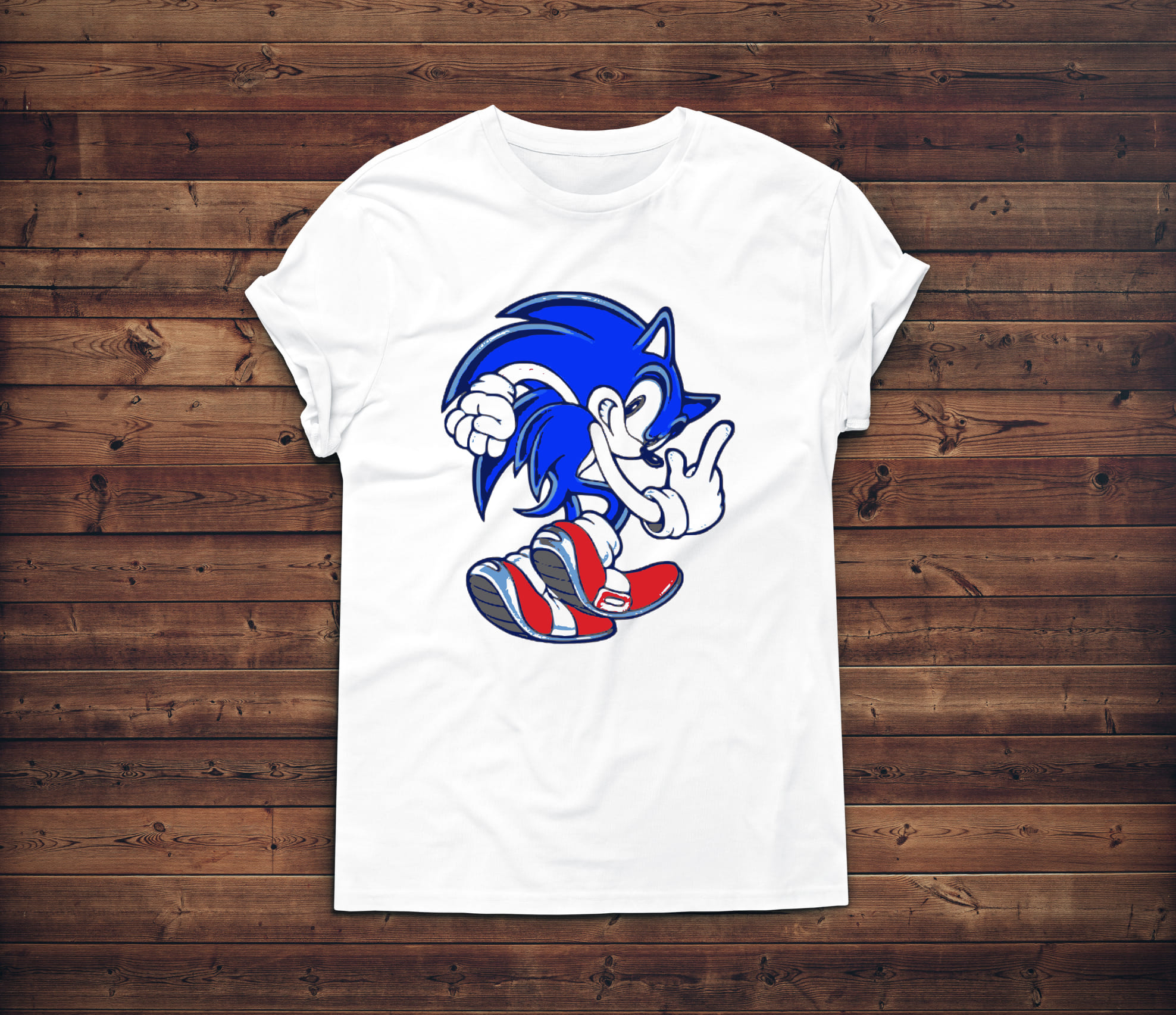 Happy sonic hedgehog on the t-shirt.
