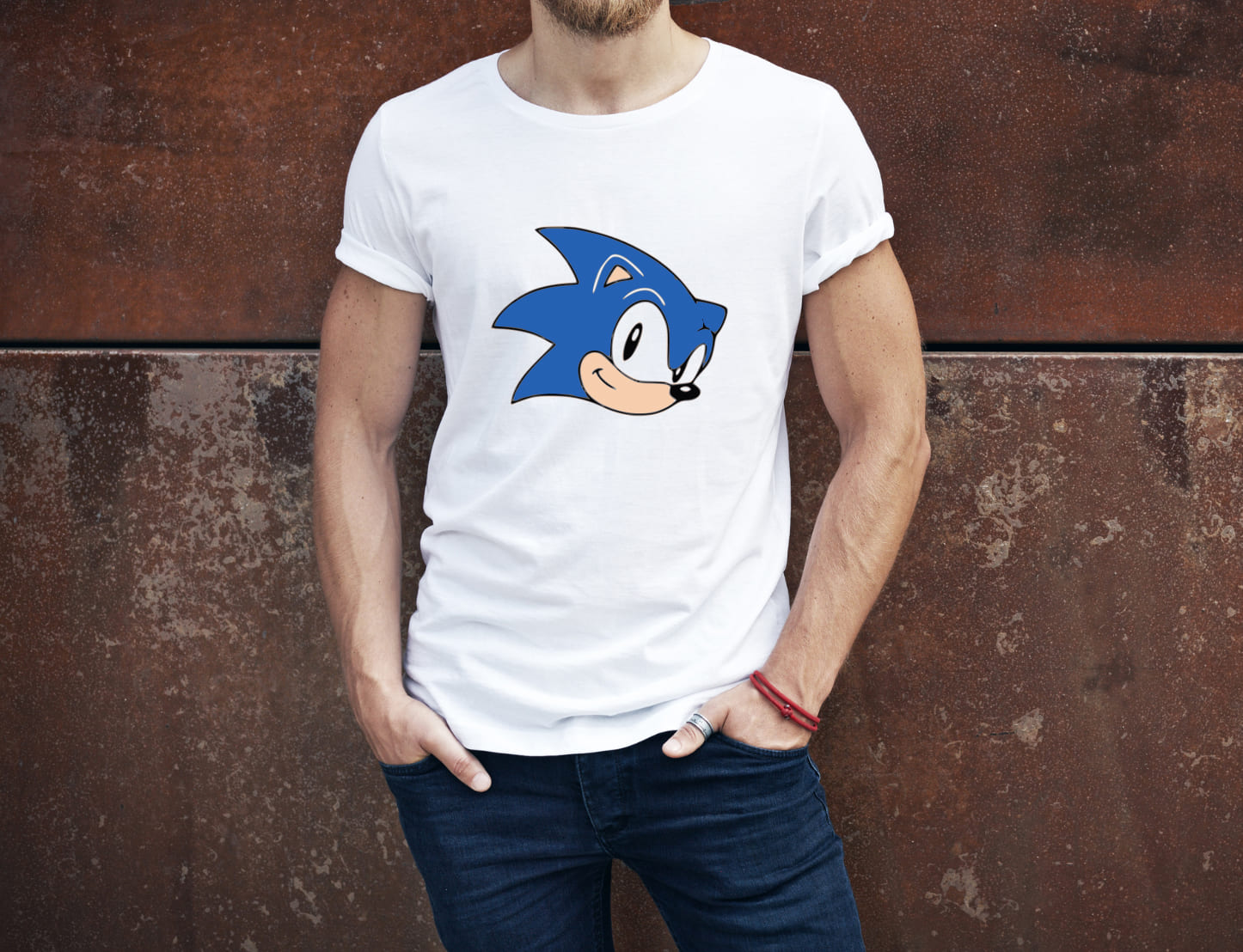 Sonic face on a white t-shirt.
