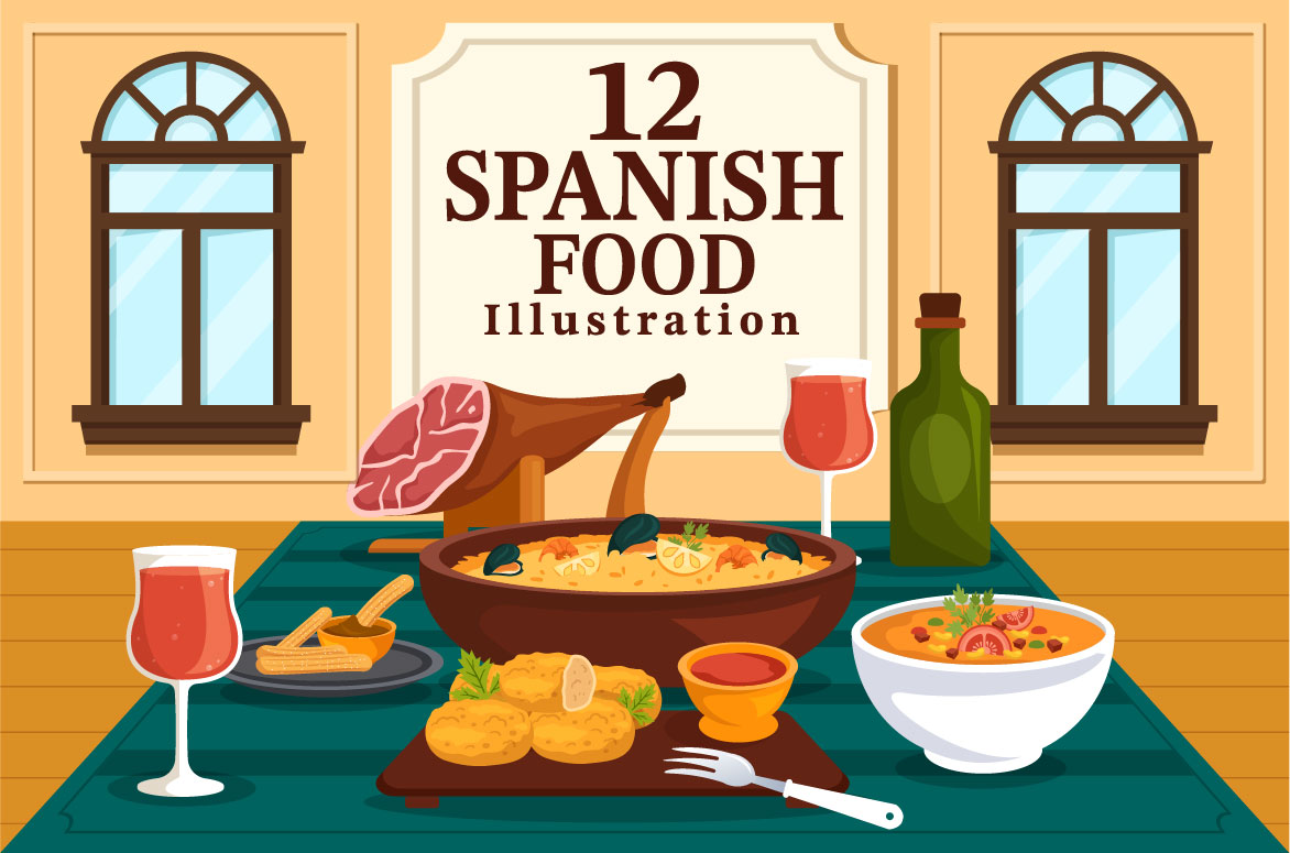 Cover image with different food spanish cuisine.