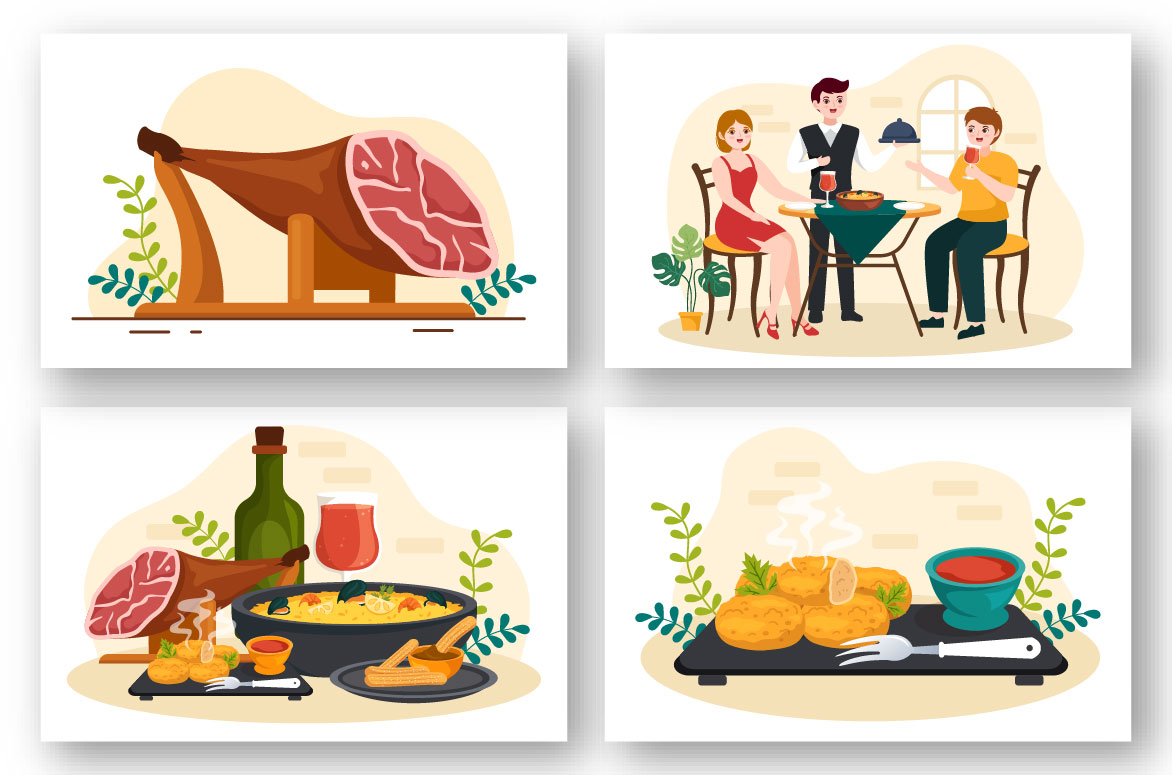 Set of colorful cartoon images with spanish cuisine food.