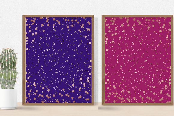Gold sparkle elements on the colorful posters.