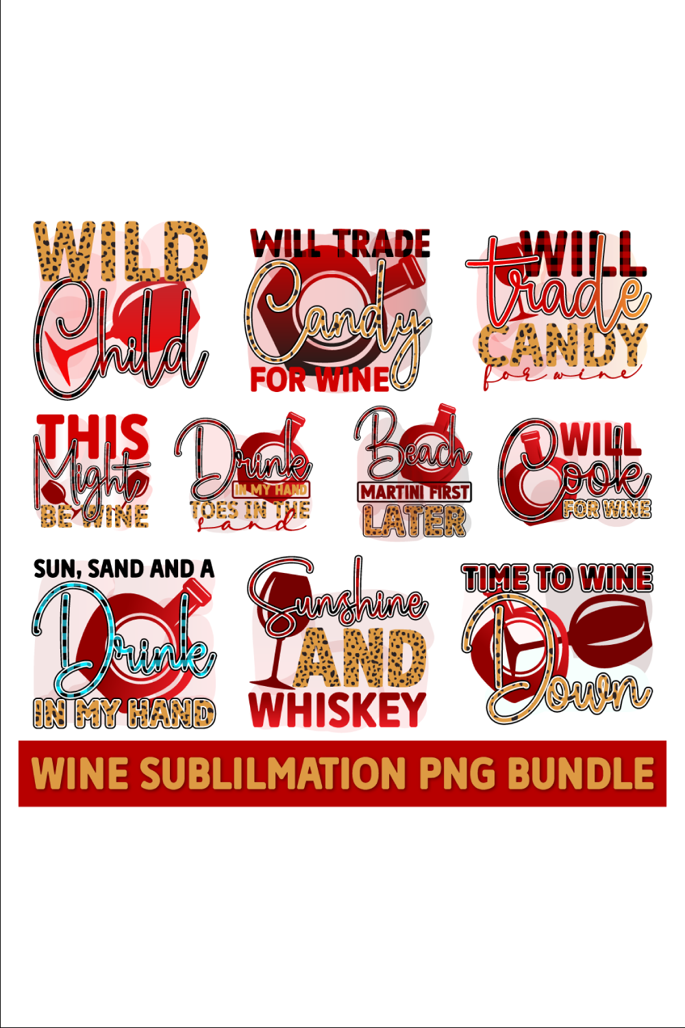 Collection of colorful images with bottles and glasses for wine in red tones.