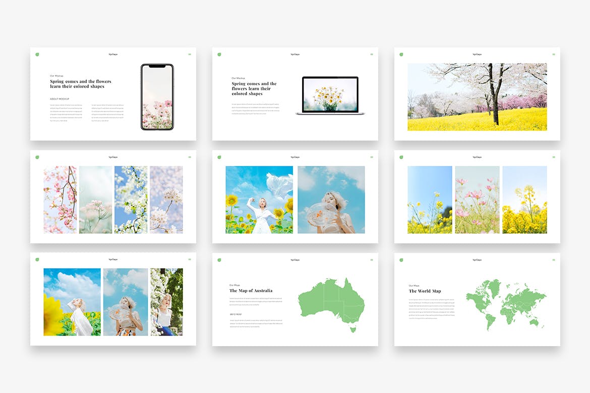 Collection of images of irresistible presentation template slides on the theme of flowers.