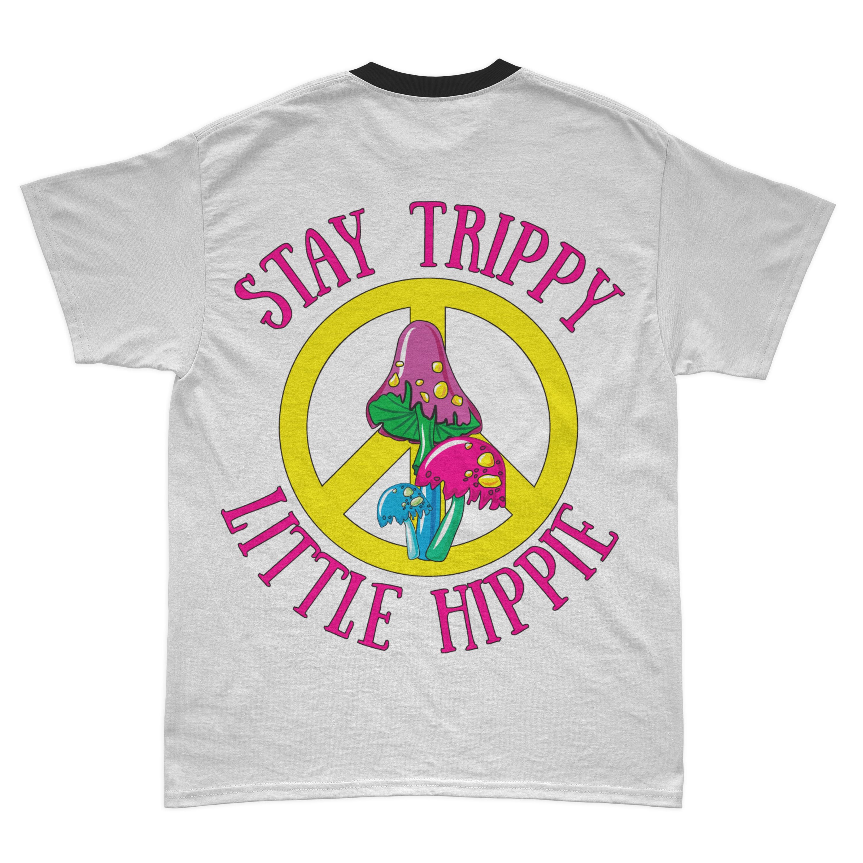 White t-shirt with pink hippie motto and colorful mushrooms.