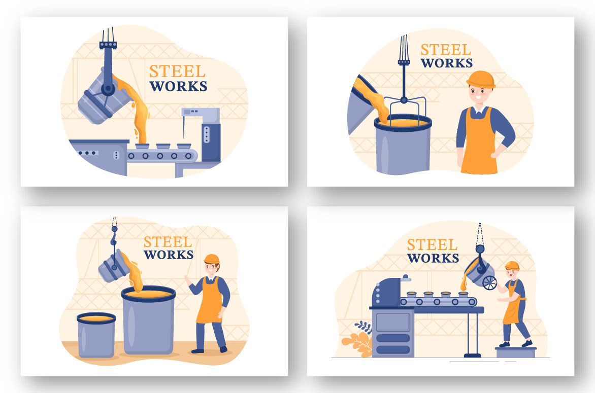 Steelworks and Hot Steel Pouring Cartoon Illustration preview image.