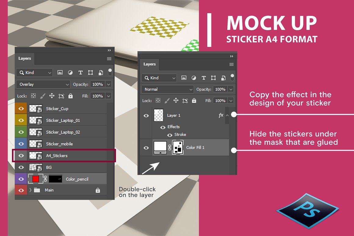 Description of working with a sticker layout in Photoshop.