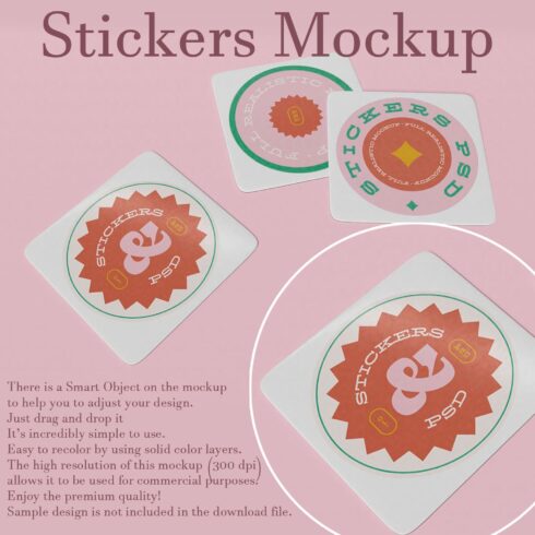 Image with gorgeous round stickers on pink background.
