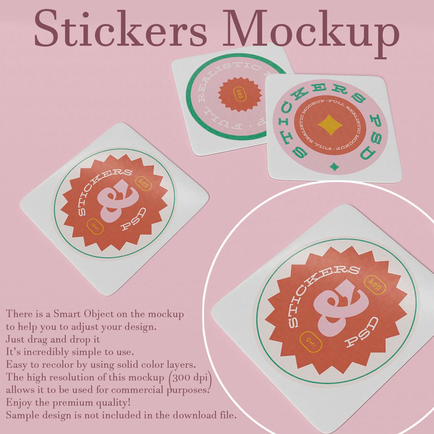 Image with gorgeous round stickers on pink background.