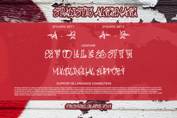 An example of white stylistic 2 sets and ligature in graffiti font on a red background.