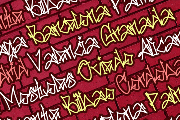 Different white, yellow and pink lettering in graffiti font on a red background.