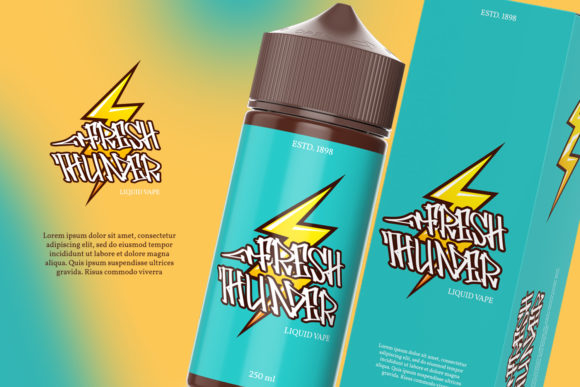 A bottle with a blue label and white "Fresh Thunder" lettering in graffiti font on a gradient background.