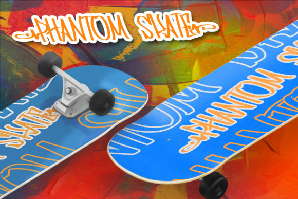 2 blue skateboards with orange lettering "Phantom Skate" in graffiti font on a graffiti background.