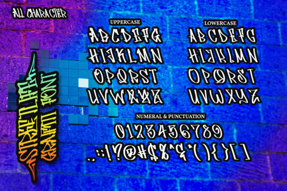 An example of white all uppercase and lowercase letters, numbers, and symbols in graffiti font on a blue background.