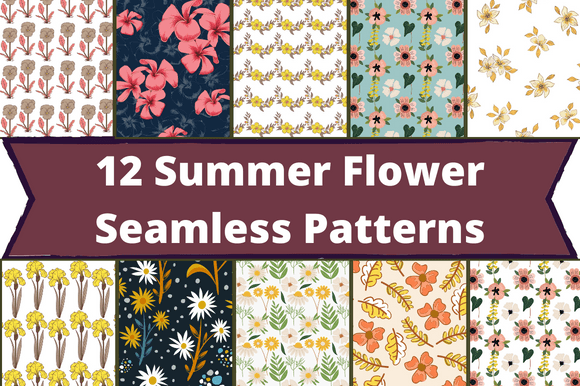 The white lettering "12 Summer Flower Seamless Patterns" on a dark purple background and 10 different images with flowers.