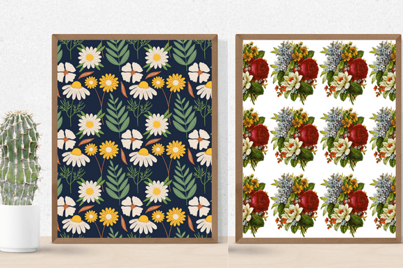 Cactus in a pot and 2 different pictures in brown frames - white-yellow daisies on a dark blue background and colorful flowers on a white background.