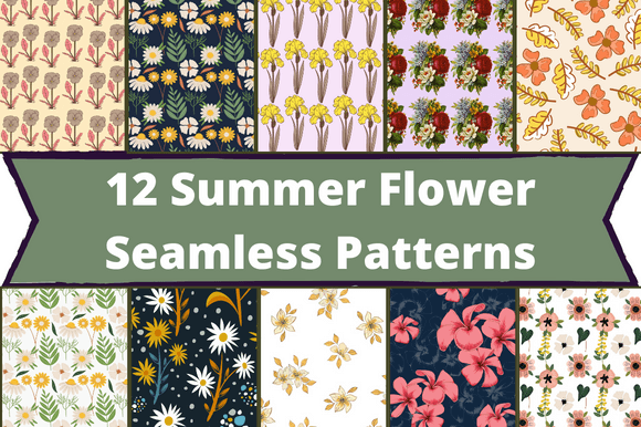 The white lettering "12 Summer Flower Seamless Patterns" on a dirty green background and 10 different images with flowers.