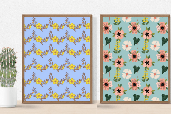 Cactus in a pot and 2 different pictures in brown frames - yellow flowers on a light blue background and pink flowers with green and golden twigs on a mint background.