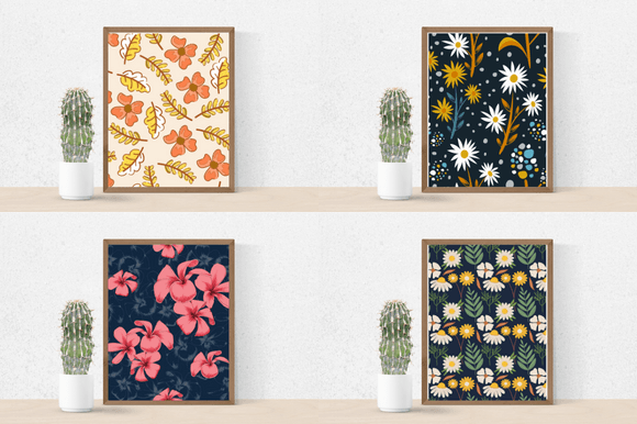 Cactus in a pot and 4 different pictures in brown frames - pink flowers with golden twigs on a light pink background, yellow and white flowers on a dark blue background, pink flowers on a dark blue background, yellow and white camomiles with green twigs on a dark blue background.