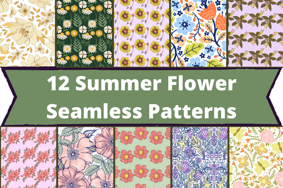 The white lettering "12 Summer Flower Seamless Patterns" on a dirty green background and 10 different images with flowers.