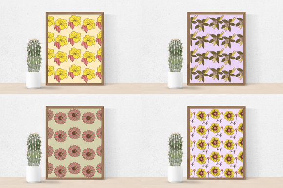 Cactus in a pot and 4 different pictures in brown frames - yellow with pink flowers on a peach background, golden and olive flowers on a lavender background, pink flowers on a mint background and yellow with pink flowers on a white background.