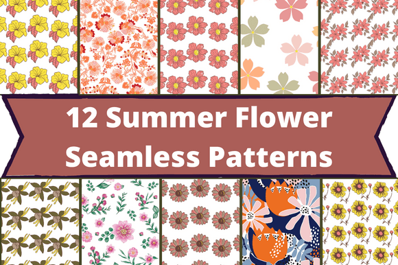 The white lettering "12 Summer Flower Seamless Patterns" on a dirty pink background and 10 different images with flowers.