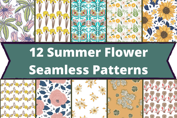 The white lettering "12 Summer Flower Seamless Patterns" on a dirty green background and 10 different images with flowers.