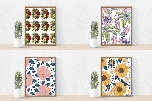 Cactus in a pot and 4 different pictures in brown frames - colorful flowers on a white background, lavender color flowers with green twigs on a white background, pink flowers with dirty blue twigs on a white background and sunflowers with blue twigs on a white background.