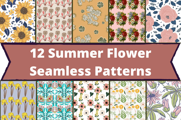 The white lettering "12 Summer Flower Seamless Patterns" on a dirty pink background and 10 different images with flowers.