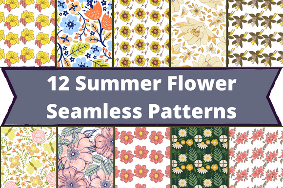 The white lettering "12 Summer Flower Seamless Patterns" on a dirty blue background and 10 different images with flowers.