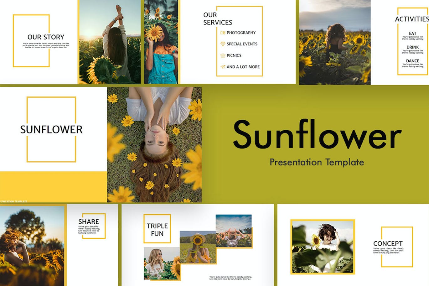 A selection of images of colorful presentation template slides with pictures of sunflower.