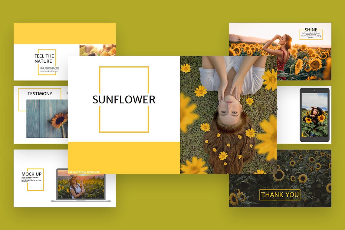 Set of images of gorgeous presentation template slides with sunflower pictures.