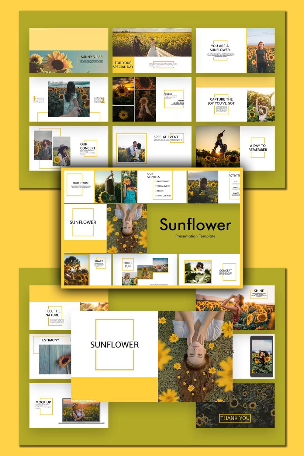 Collection of images of beautiful presentation template slides with sunflower pictures.