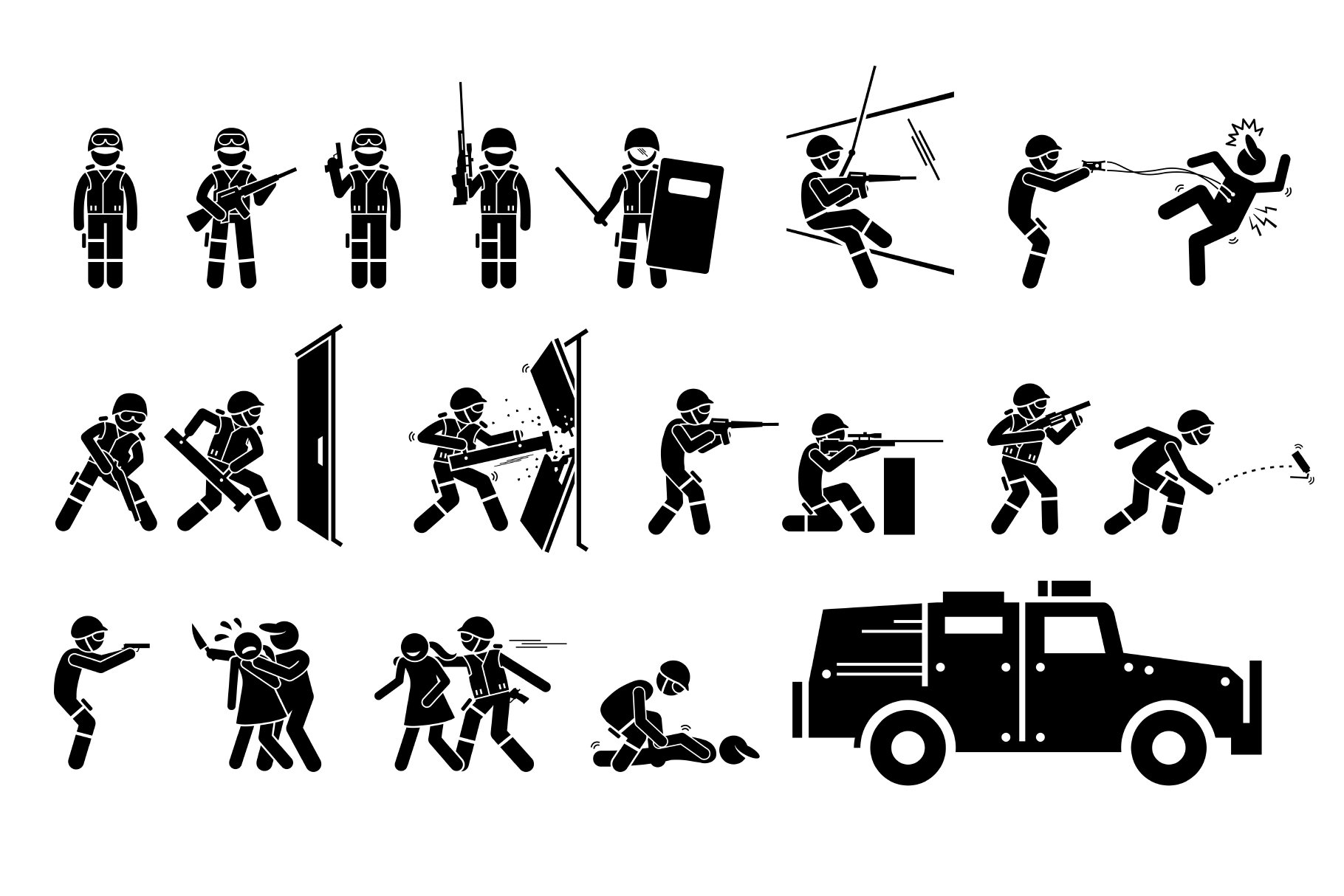 16 different images of special forces and special forces tactics on a white background.