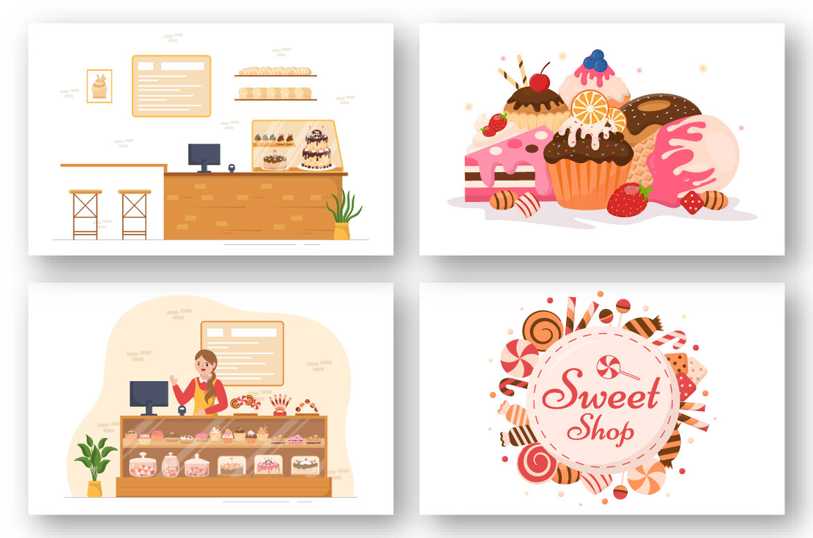 A pack of colorful images with various sweet shops.