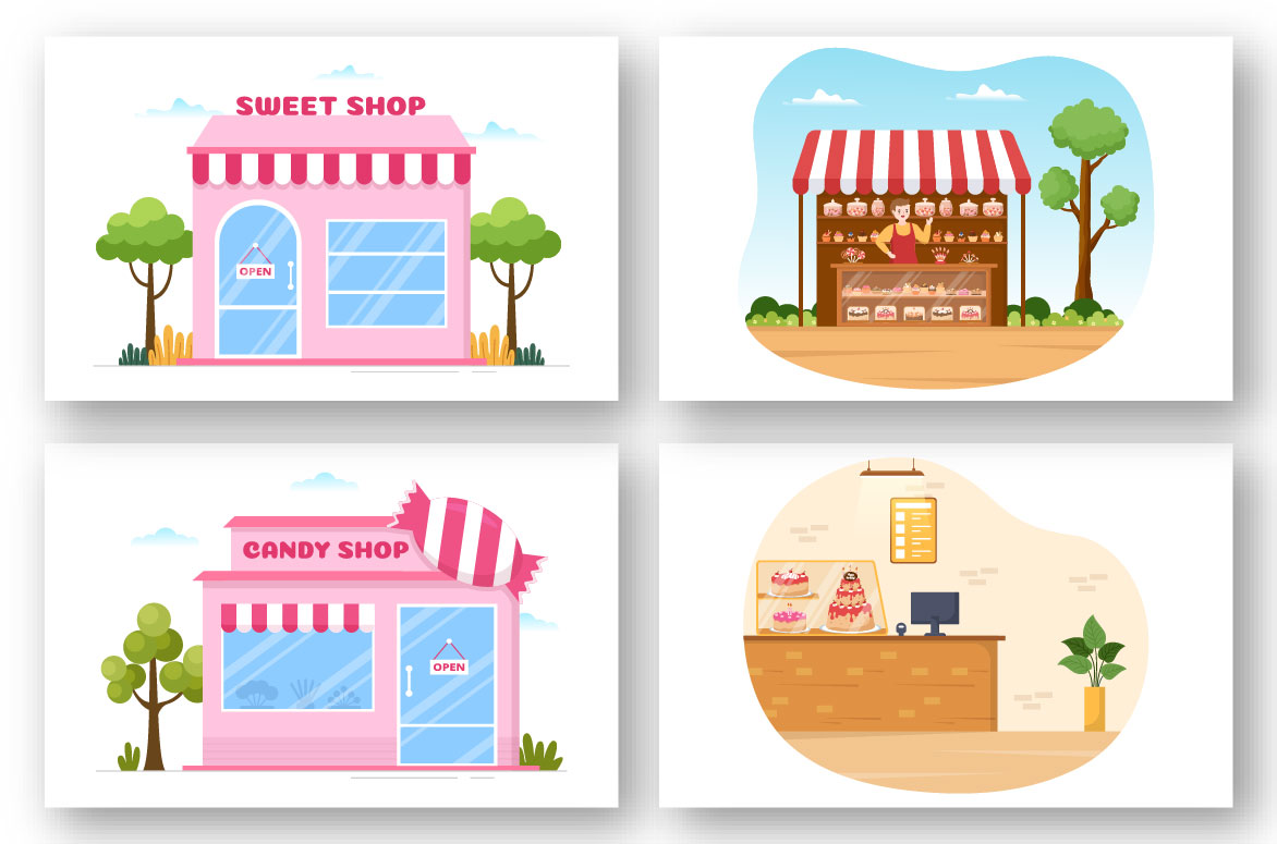 A set of adorable images with various sweet shops.