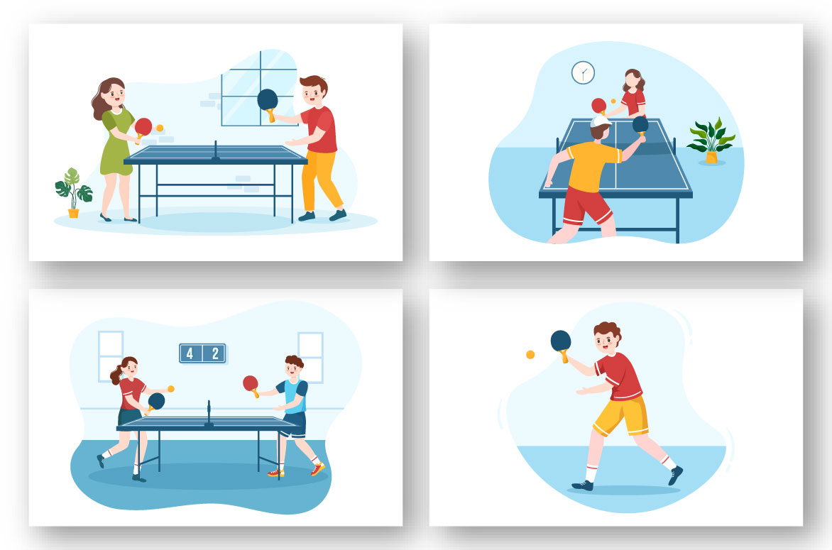A selection of elegant cartoon images of people playing table tennis.