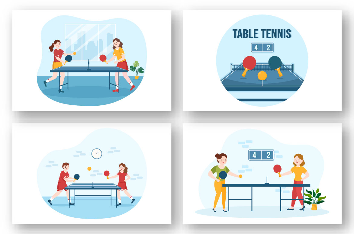 Collection of amazing cartoon images of people playing table tennis.