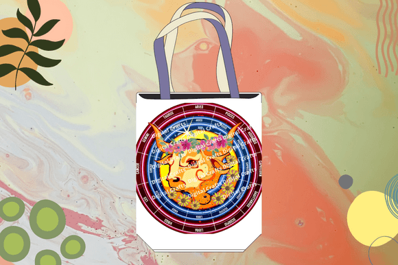 White shopping bag with an illustration of the taurus astrology sign on a colorful watercolor background.