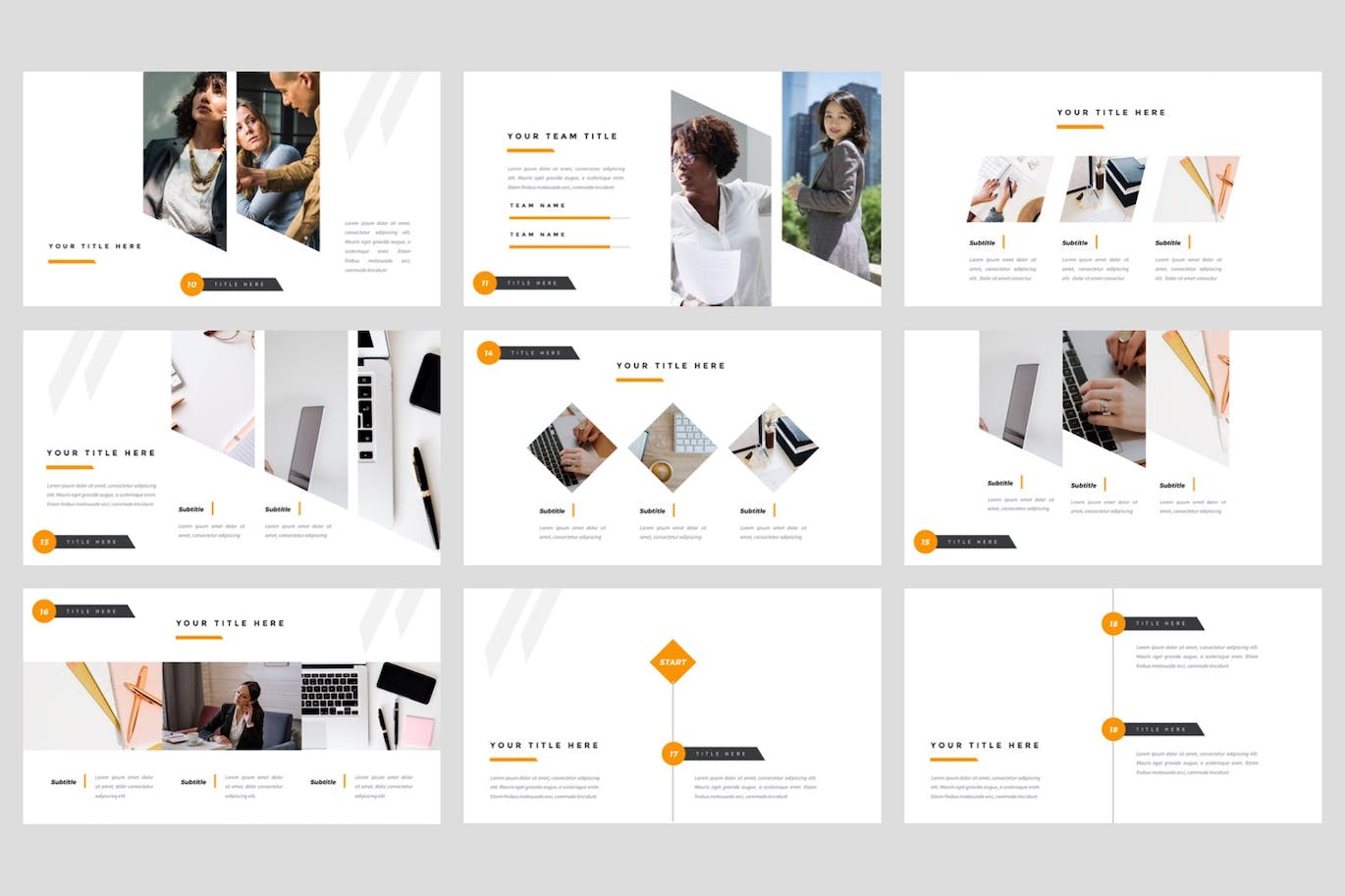 Bundle of images of exquisite presentation template slides on the theme of a business team.