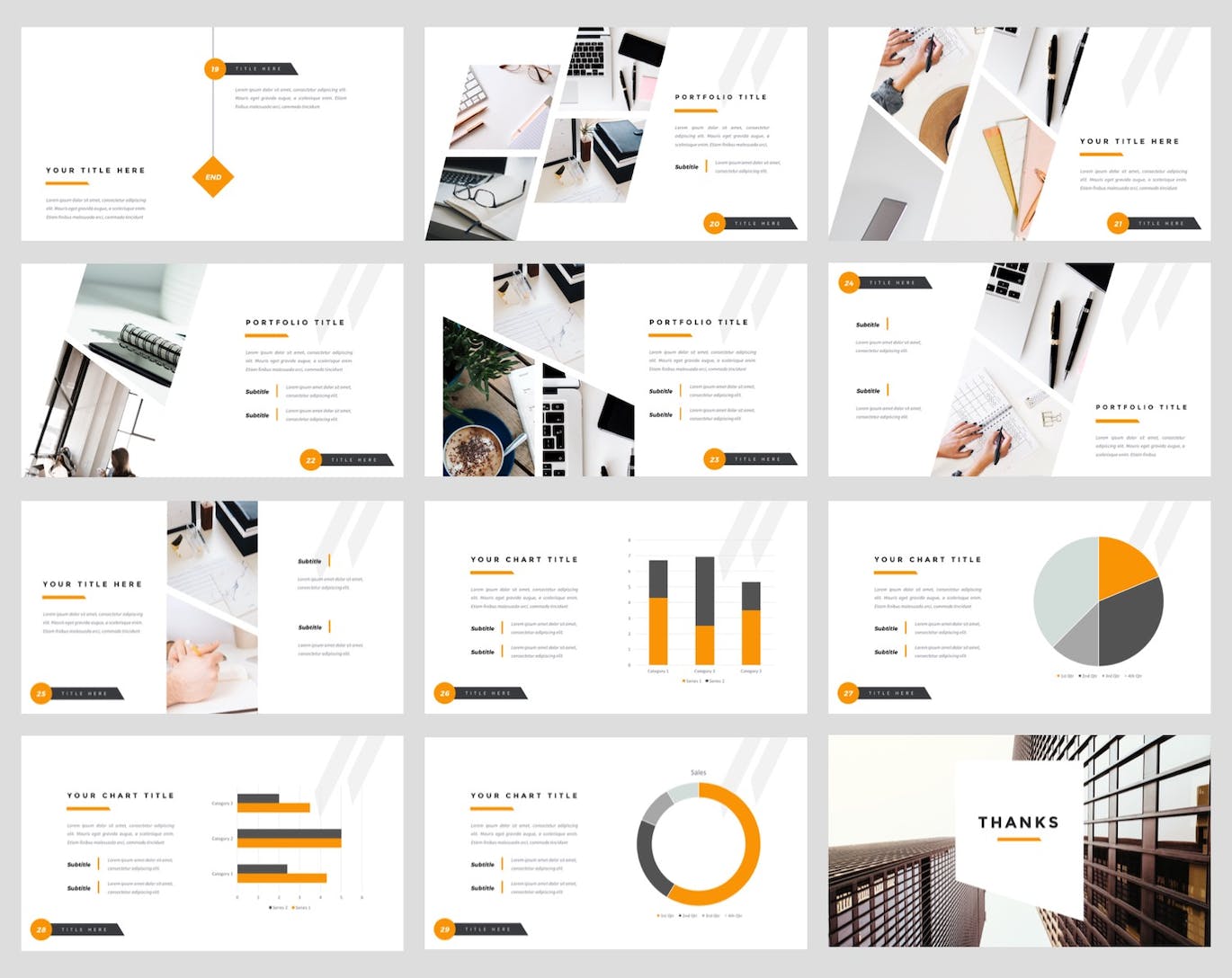 A selection of images of unique presentation template slides on the topic of a business team.