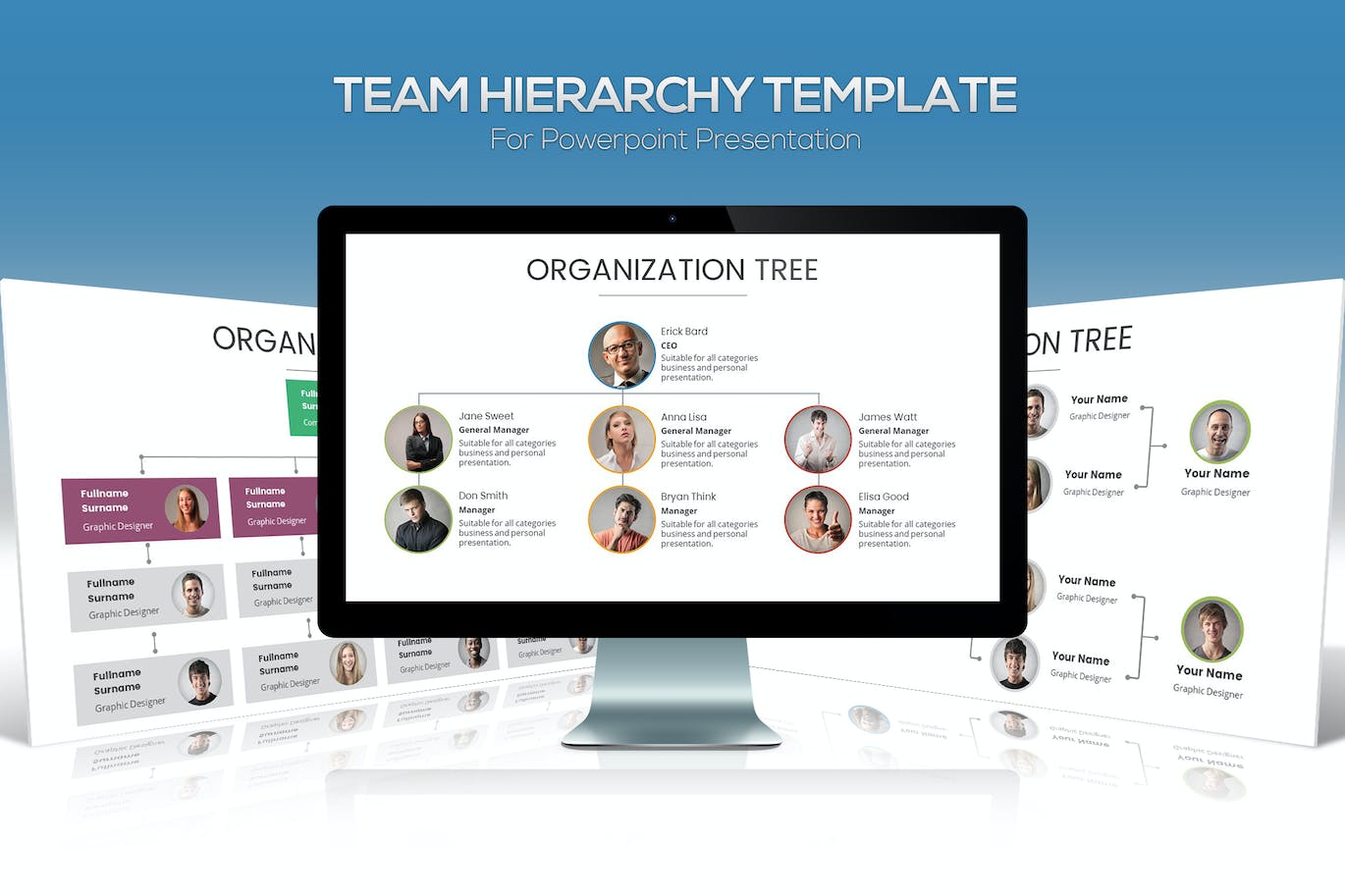 A pack of images of great presentation template slides on the topic of hierarchy in a team.