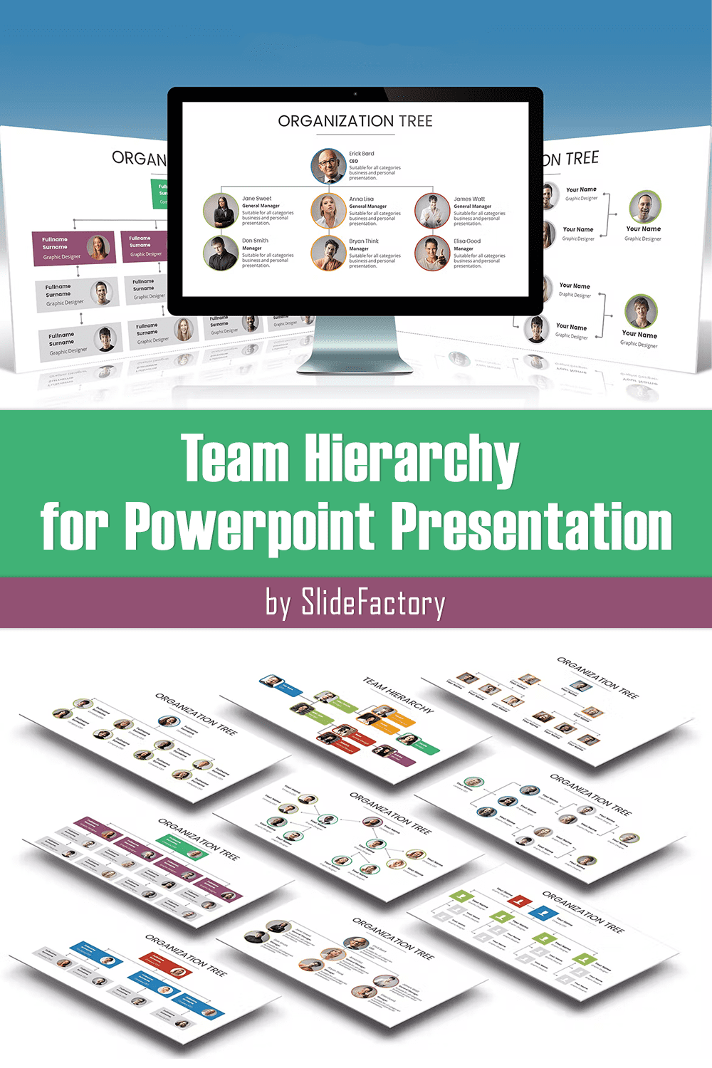 Collection of images of elegant presentation template slides on the topic of hierarchy in a team.