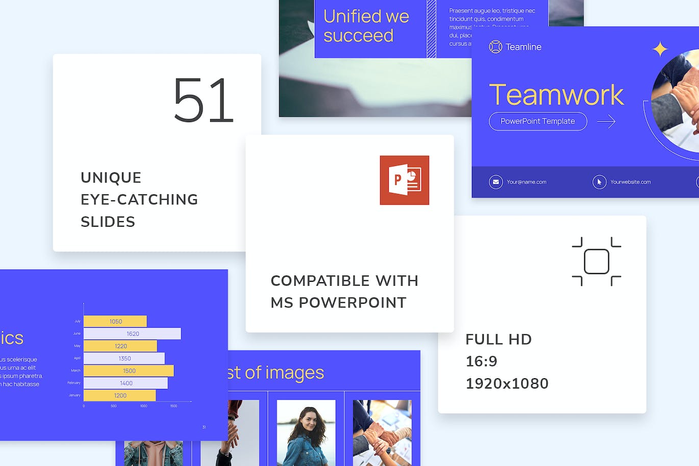 Collection of images of amazing presentation template slides on the theme of teamwork.