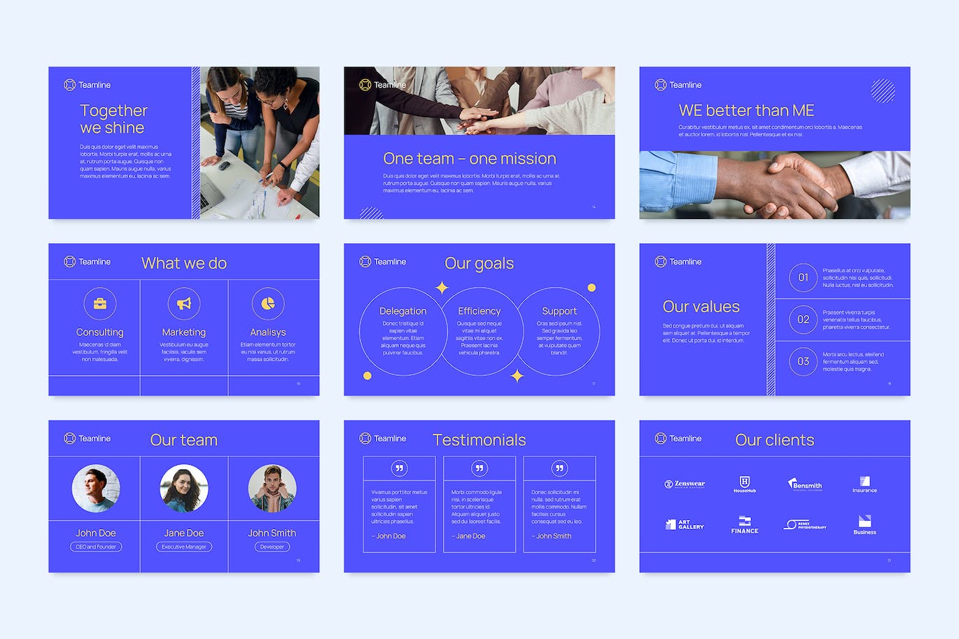 A selection of images of elegant presentation template slides on the theme of teamwork.