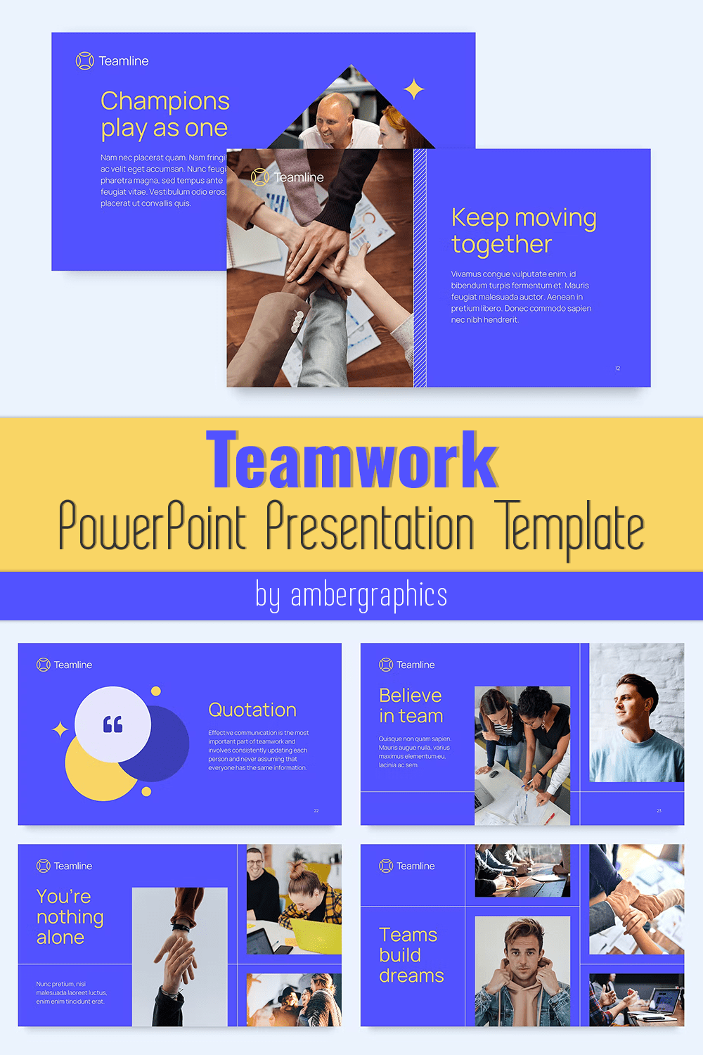 A set of images of unique slides of a presentation template on the theme of teamwork.