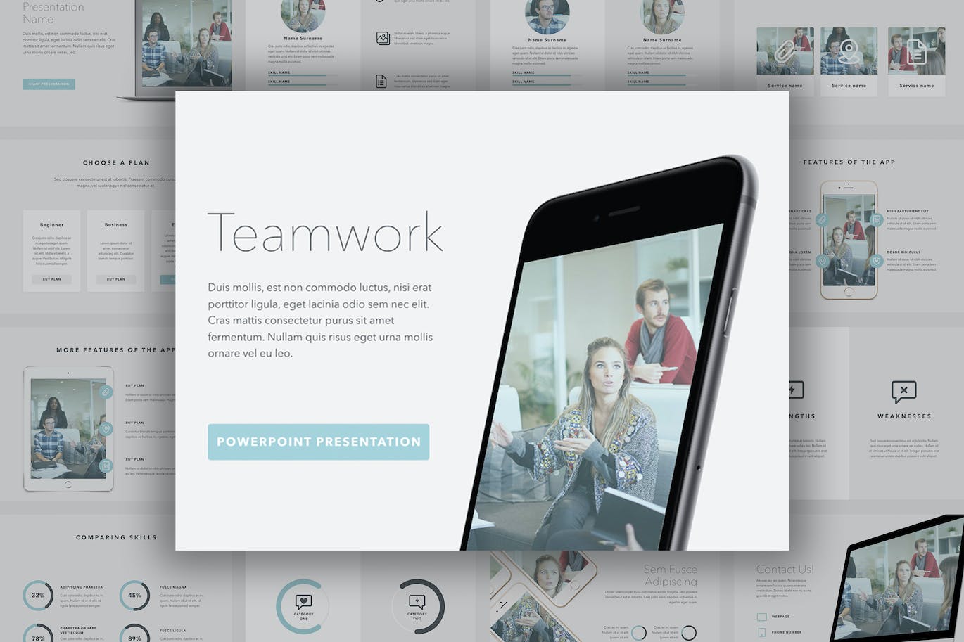 A collection of images of adorable slide presentation template on the theme of teamwork.